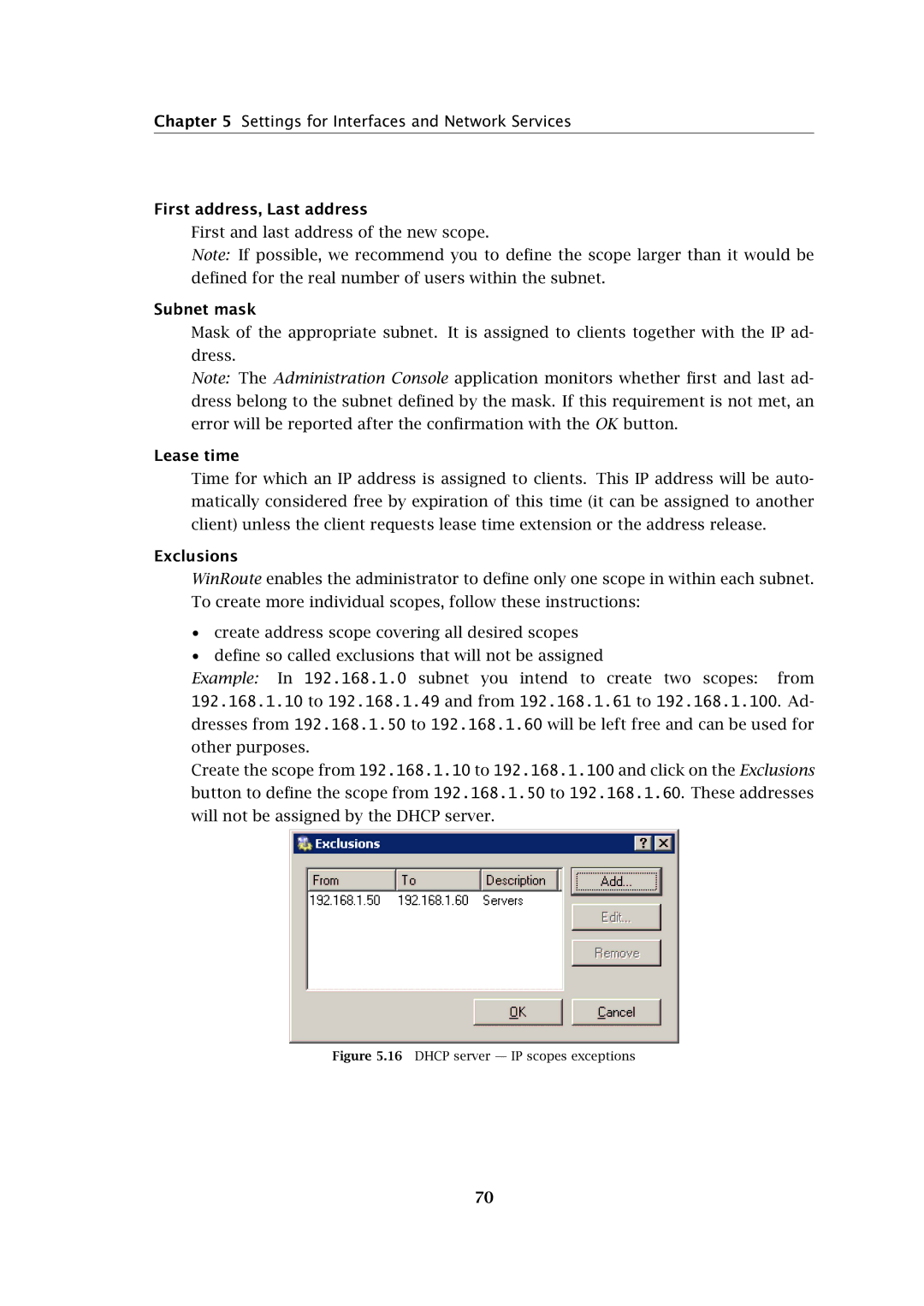 Kerio Tech Firewall6 manual First address, Last address, Subnet mask, Exclusions 