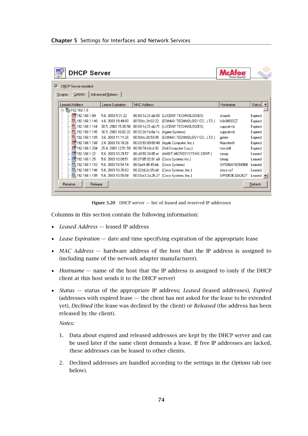 Kerio Tech Firewall6 manual Dhcp server list of leased and reserved IP addresses 