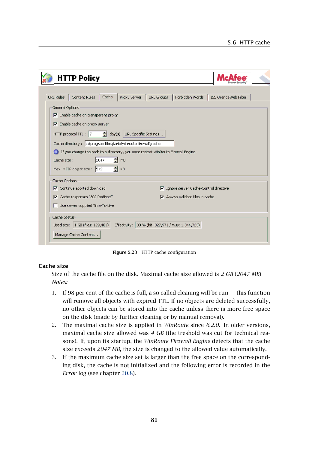 Kerio Tech Firewall6 manual Http cache, Cache size 