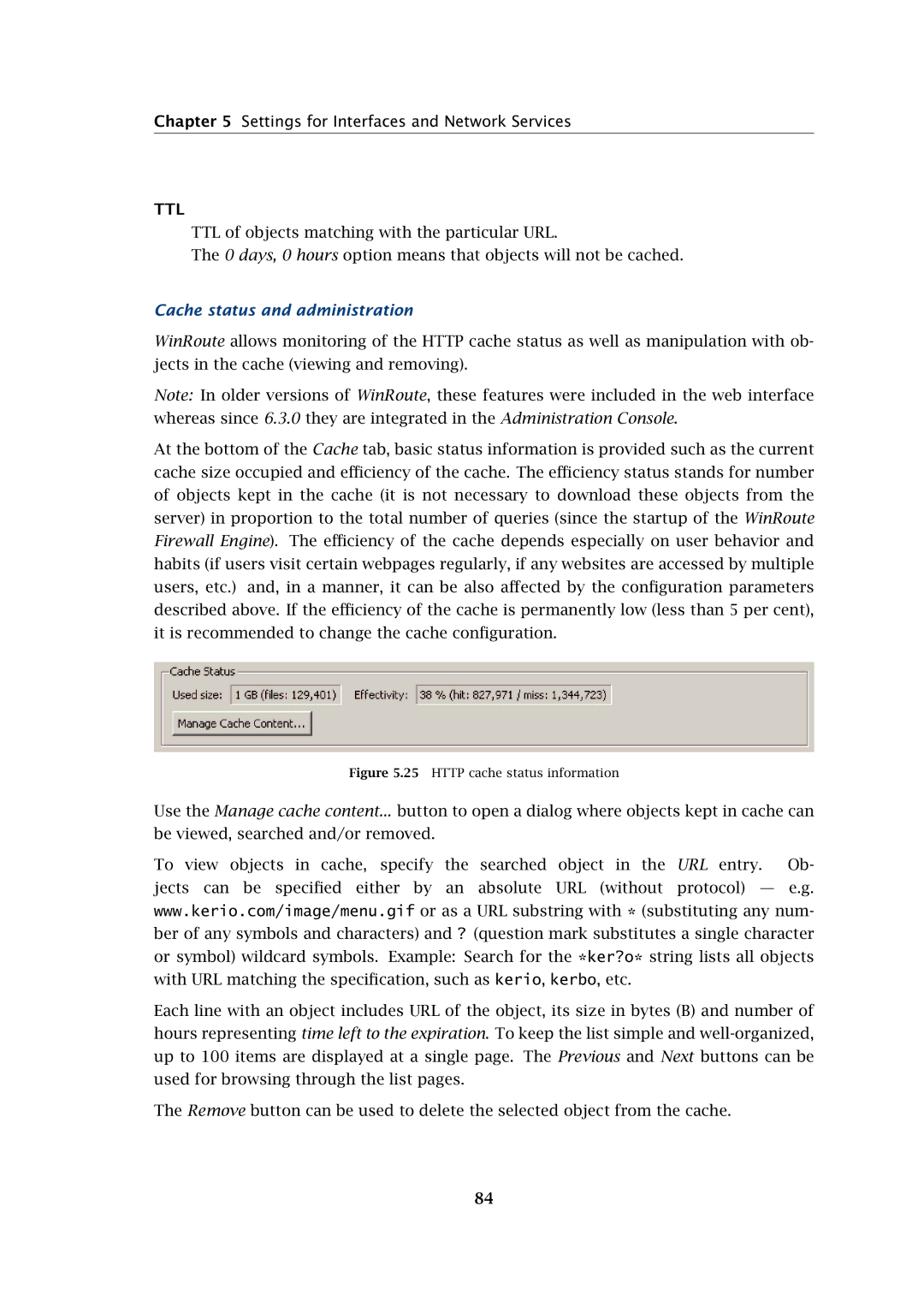Kerio Tech Firewall6 manual Ttl, Cache status and administration 