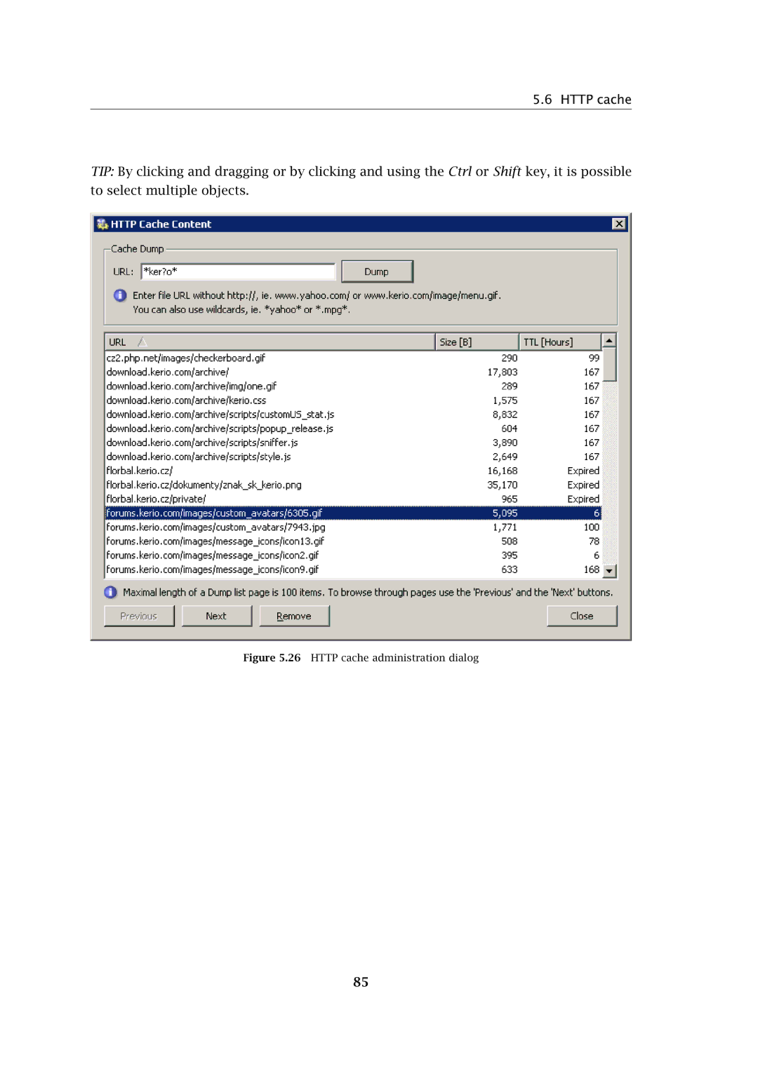 Kerio Tech Firewall6 manual Http cache administration dialog 