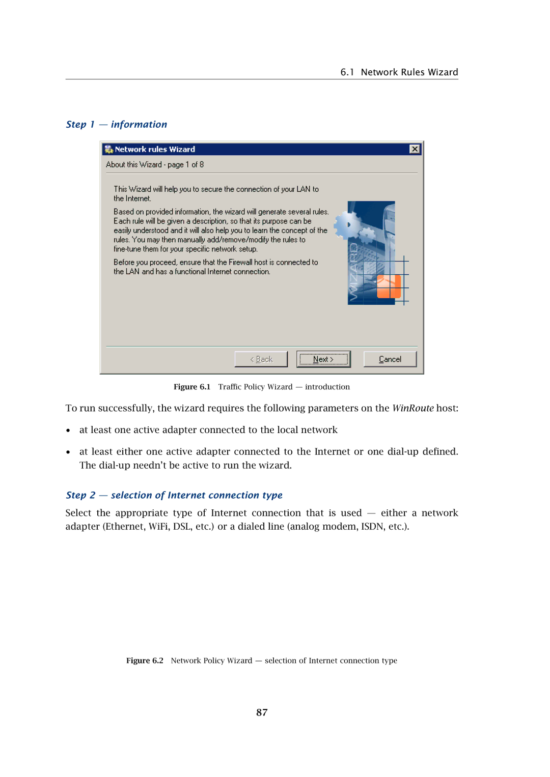 Kerio Tech Firewall6 manual Network Rules Wizard, Information, Selection of Internet connection type 