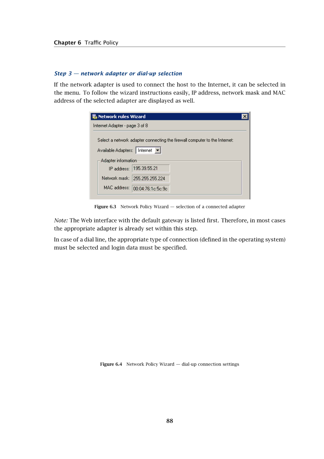 Kerio Tech Firewall6 manual Network adapter or dial-up selection, Network Policy Wizard selection of a connected adapter 