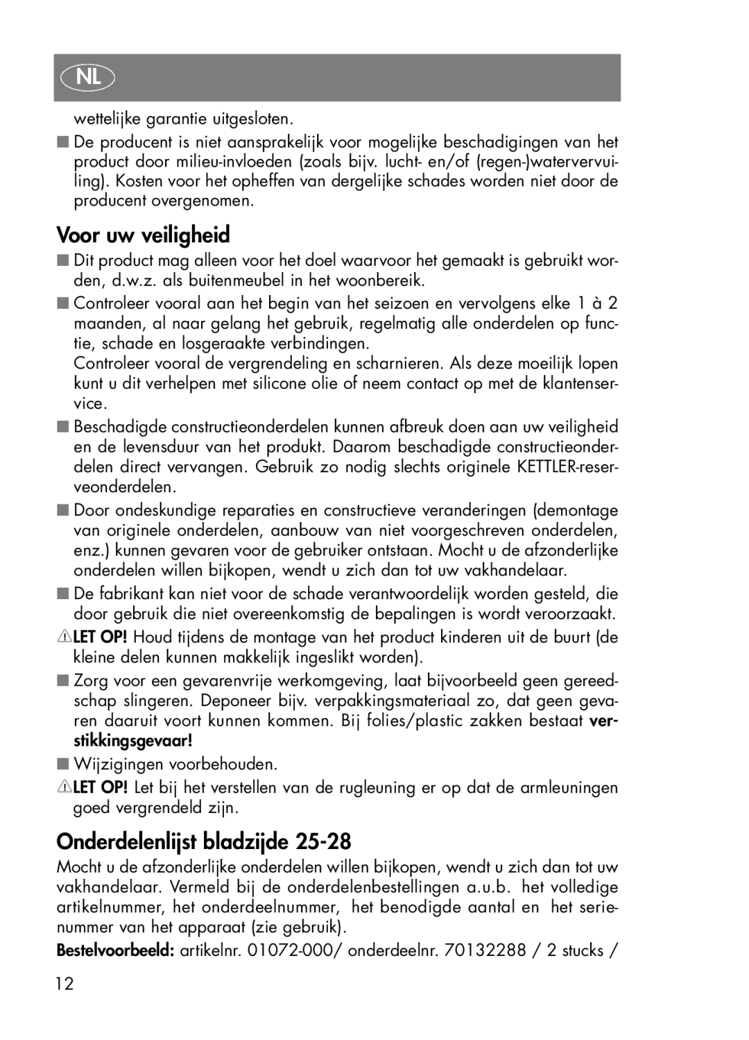 Kettler 01072-000 manual Voor uw veiligheid, Onderdelenlijst bladzijde 