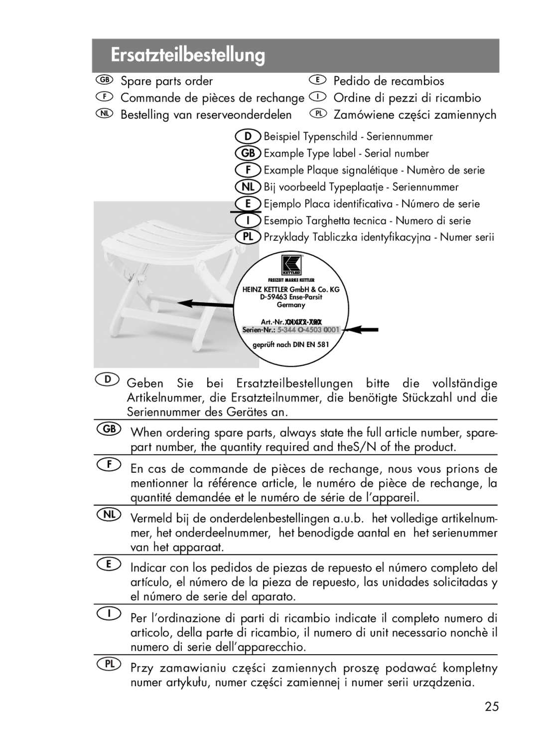 Kettler 01072-000 manual Ersatzteilbestellung 