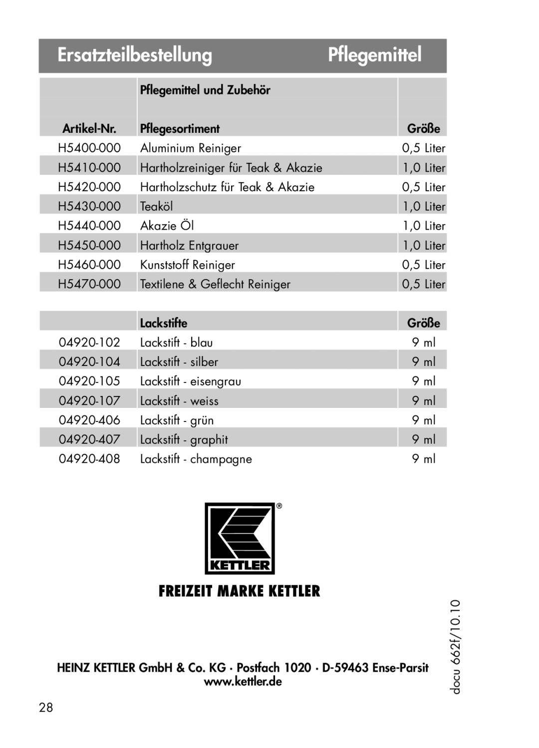 Kettler 01072-000 manual ErsatzteilbestellungPflegemittel 