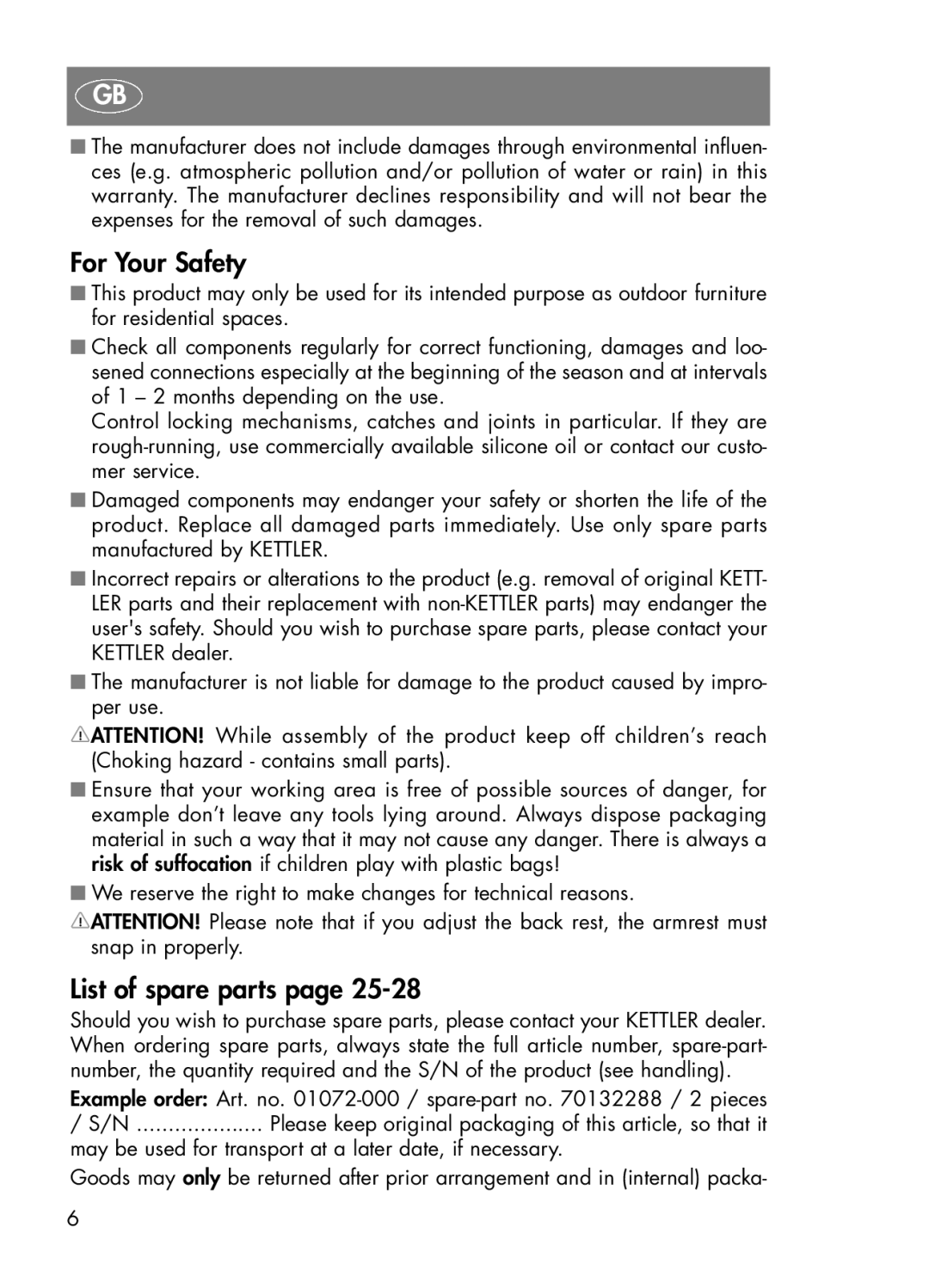 Kettler 01072-000 manual For Your Safety, List of spare parts 