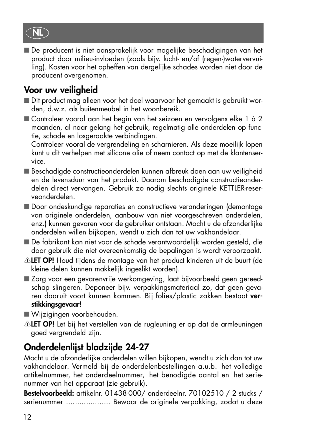 Kettler 01438-440, 01438-100, 01438-200, 01438-000 manual Voor uw veiligheid, Onderdelenlijst bladzijde 