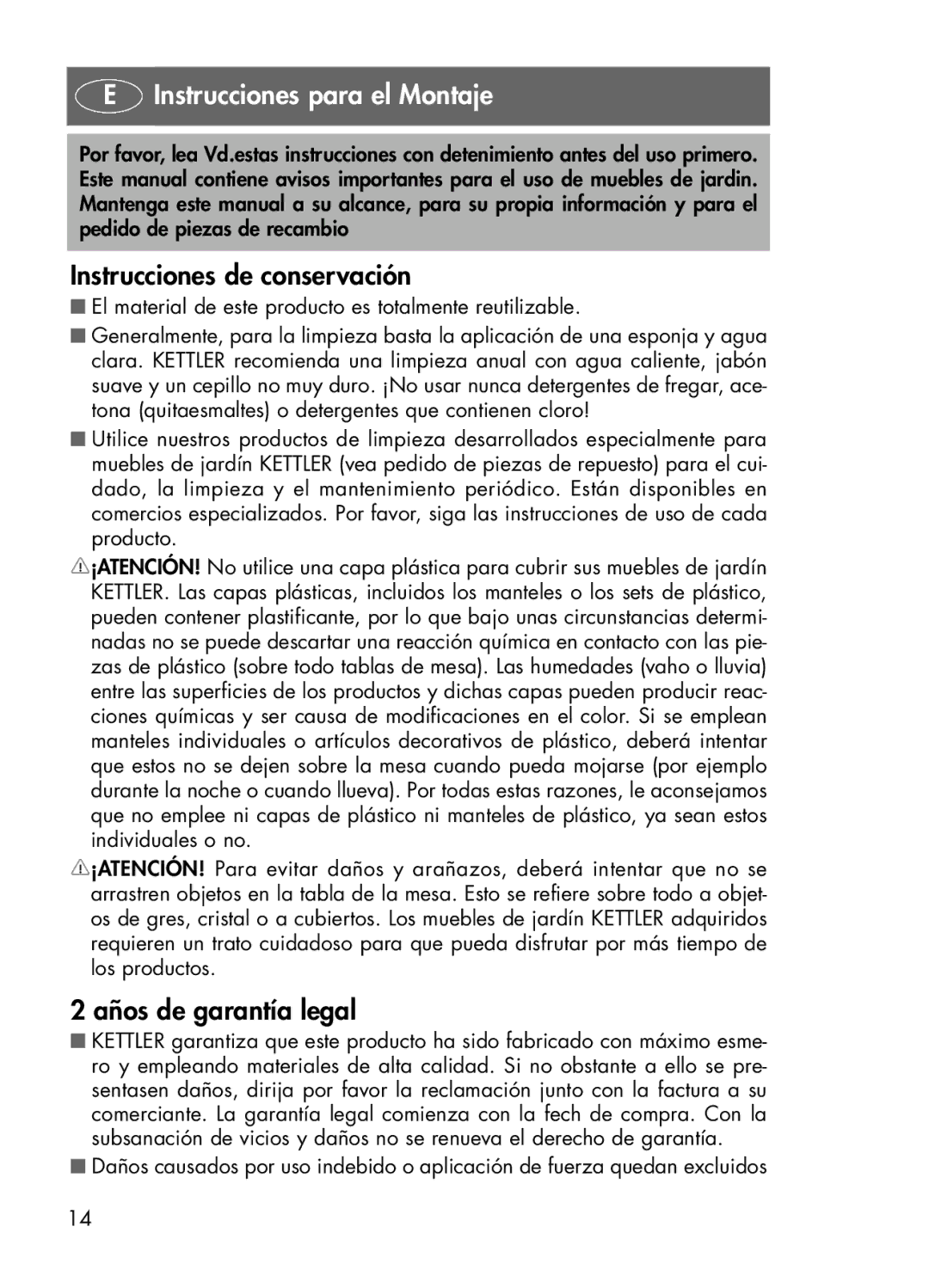 Kettler 01438-200, 01438-440 manual Instrucciones para el Montaje, Instrucciones de conservación, Años de garantía legal 