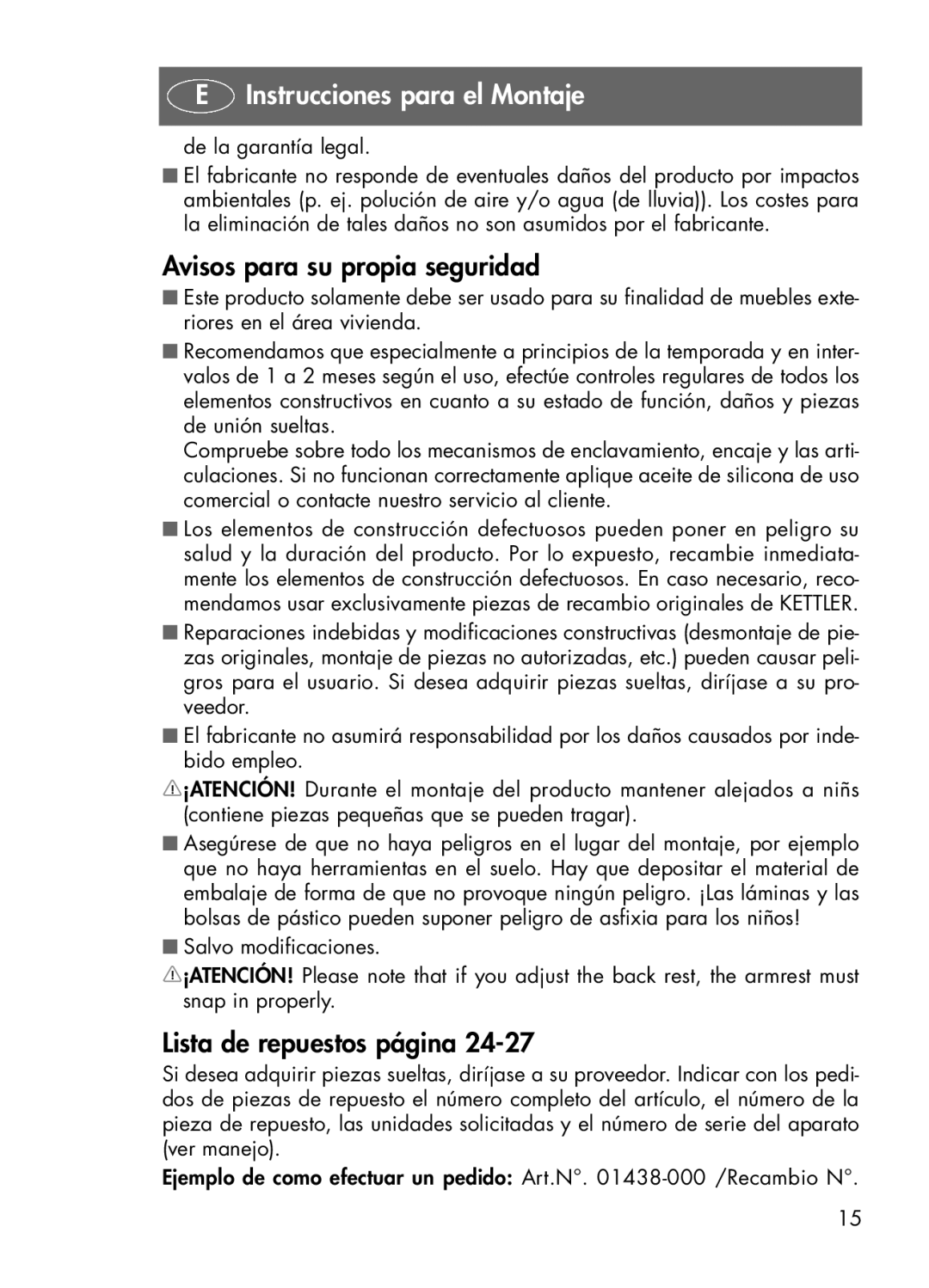 Kettler 01438-000, 01438-440, 01438-100, 01438-200 manual Avisos para su propia seguridad, Lista de repuestos página 