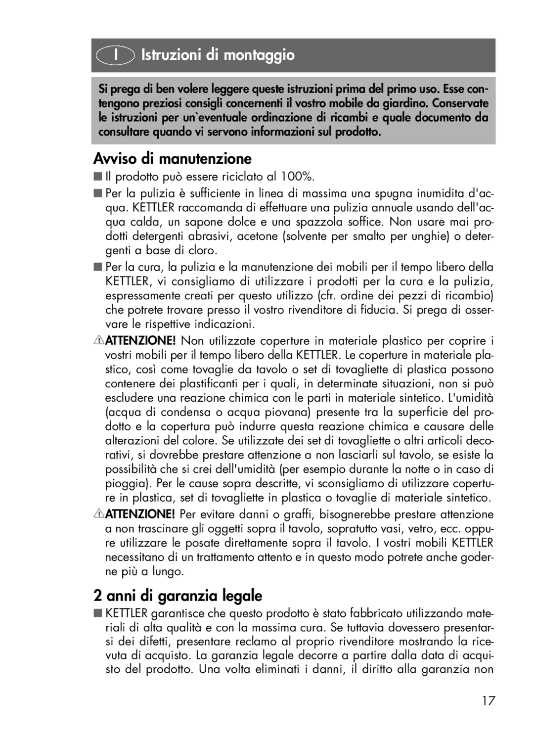 Kettler 01438-100, 01438-440, 01438-200, 01438-000 Istruzioni di montaggio, Avviso di manutenzione, Anni di garanzia legale 