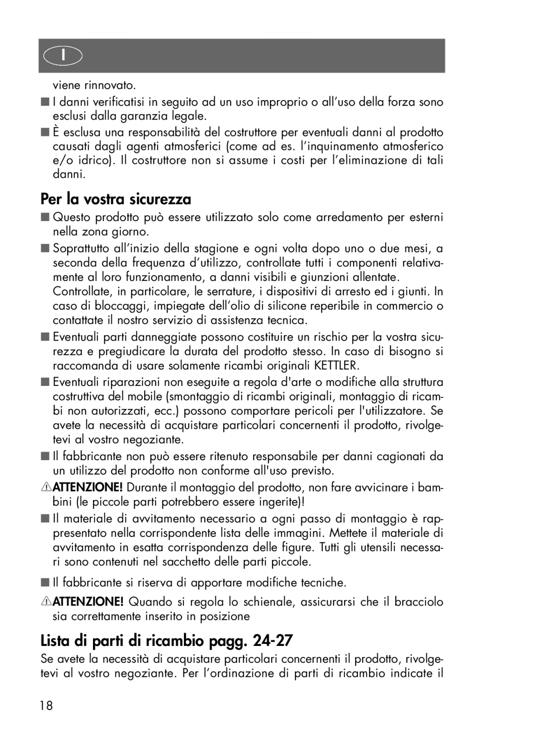 Kettler 01438-200, 01438-440, 01438-100, 01438-000 manual Per la vostra sicurezza, Lista di parti di ricambio pagg 