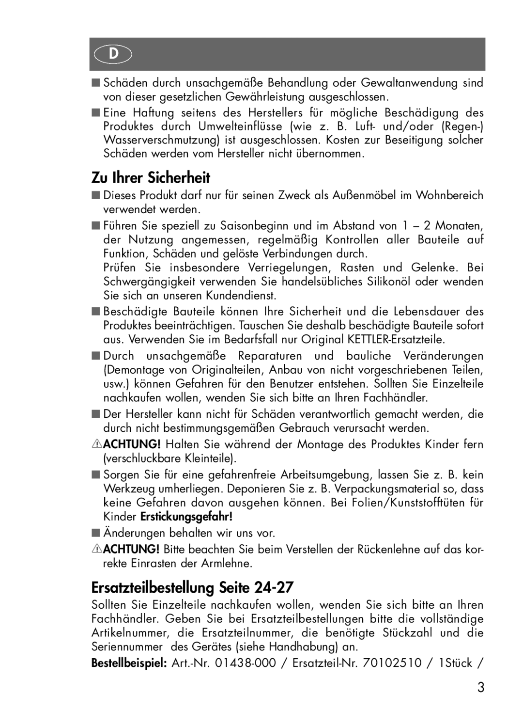 Kettler 01438-000, 01438-440, 01438-100, 01438-200 manual Zu Ihrer Sicherheit, Ersatzteilbestellung Seite 