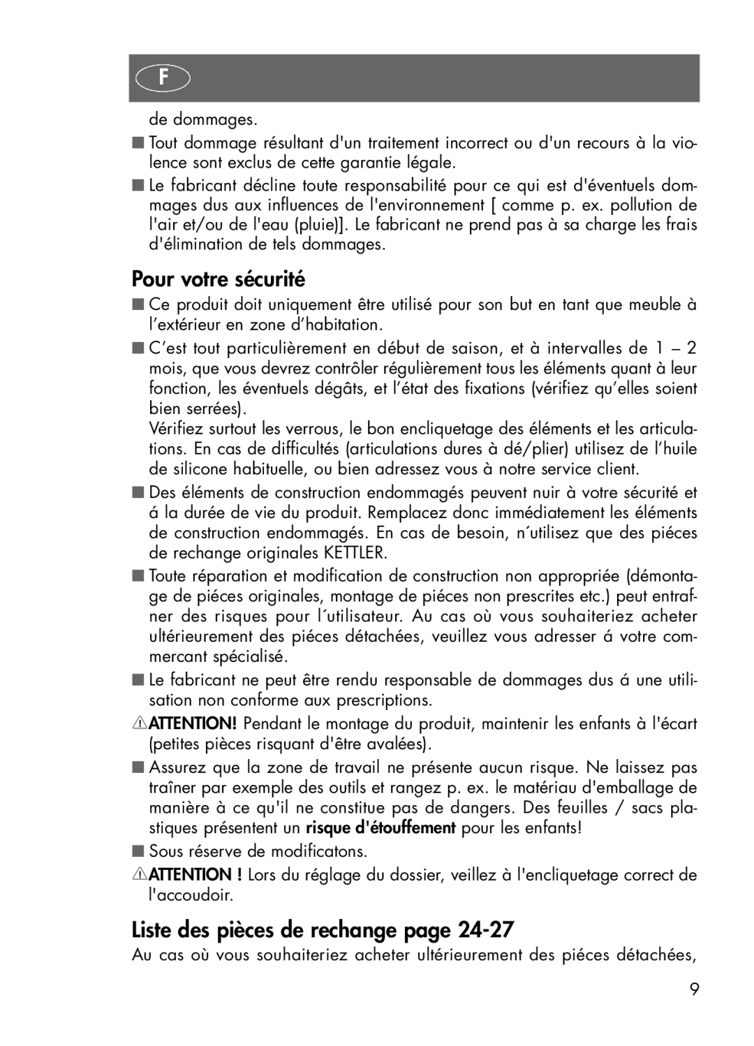 Kettler 01438-100, 01438-440, 01438-200, 01438-000 manual Pour votre sécurité, Liste des pièces de rechange 