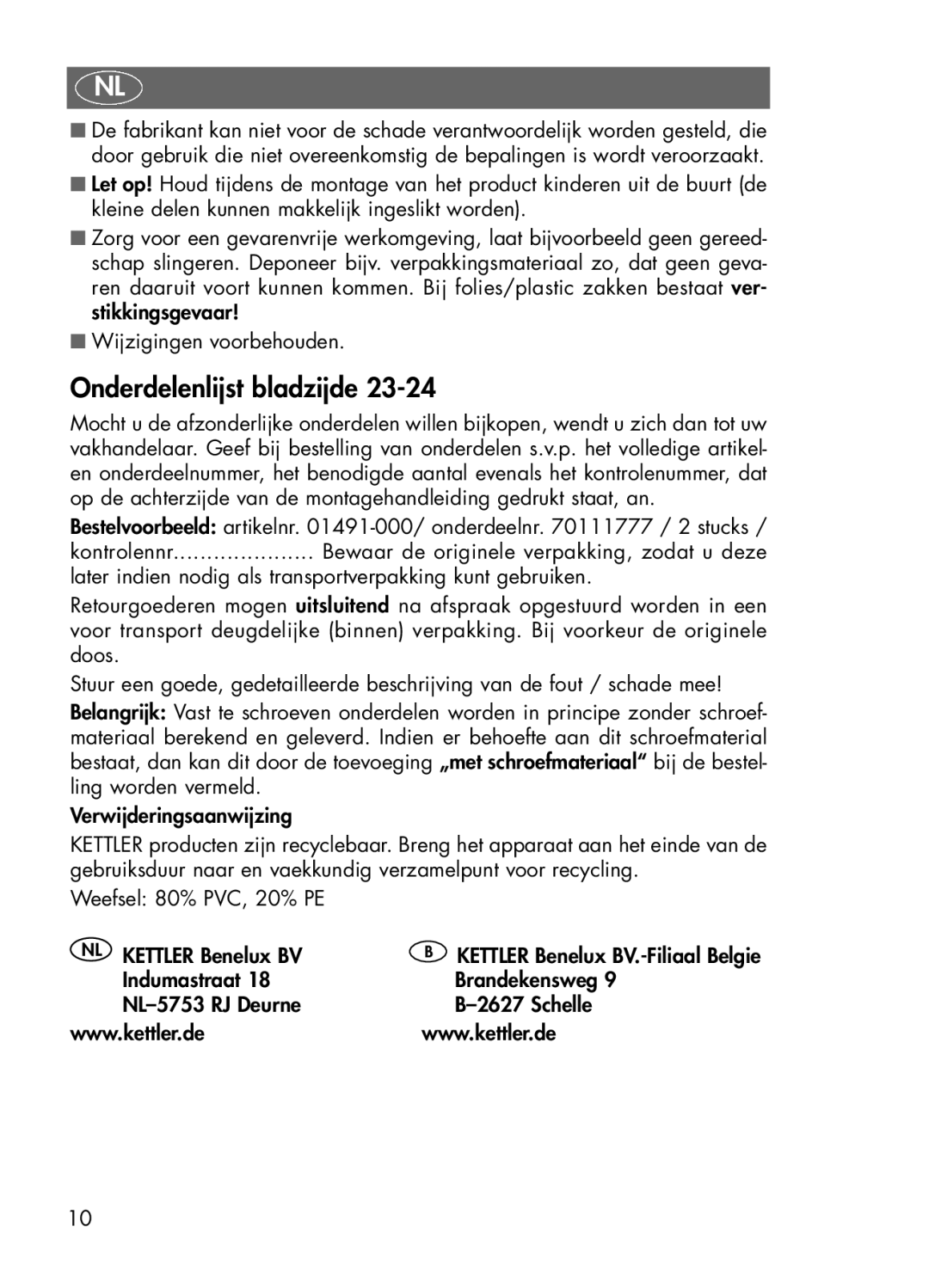 Kettler 01491-000 manual Onderdelenlijst bladzijde 