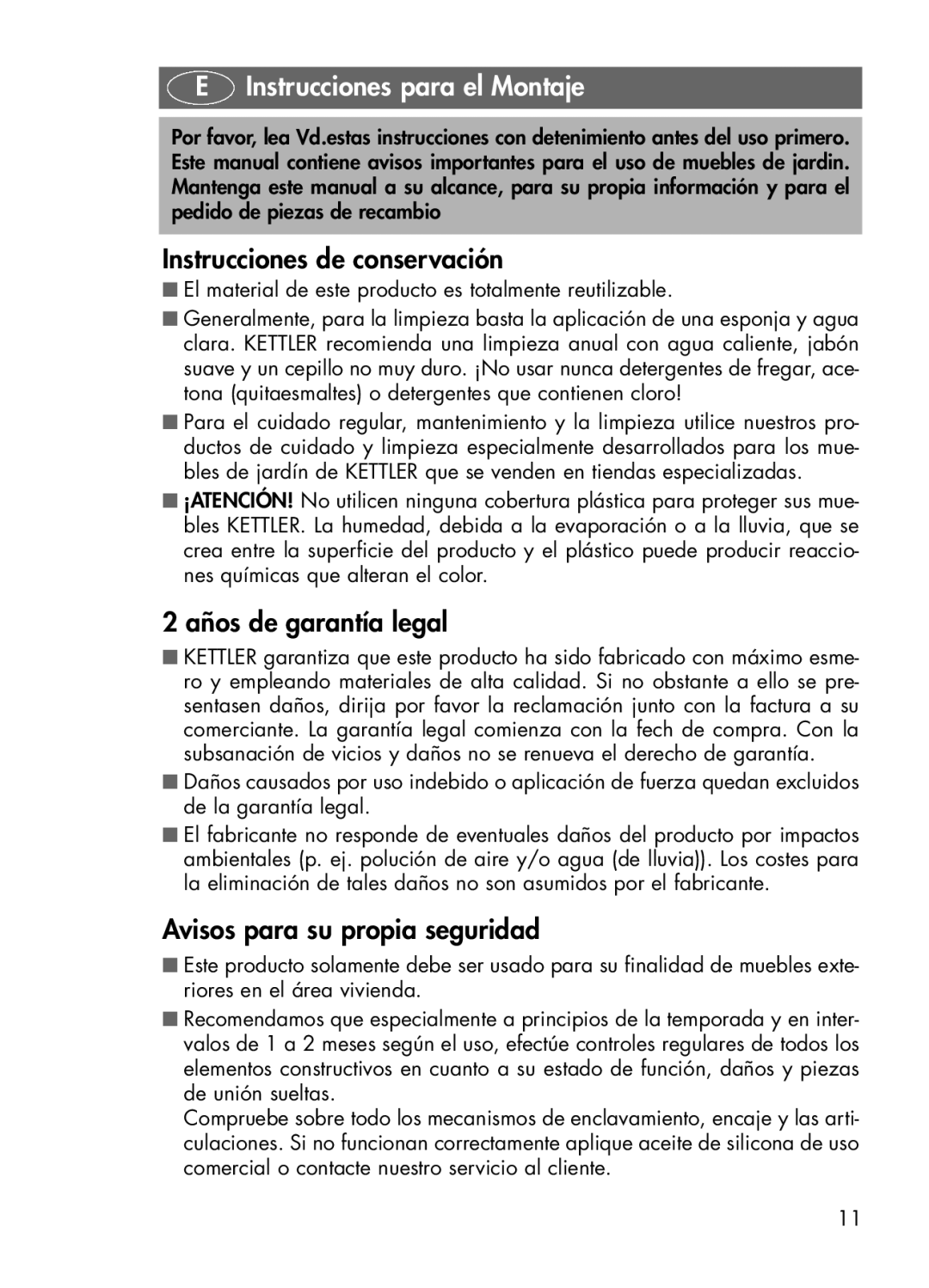 Kettler 01491-000 manual Instrucciones para el Montaje, Instrucciones de conservación, Años de garantía legal 