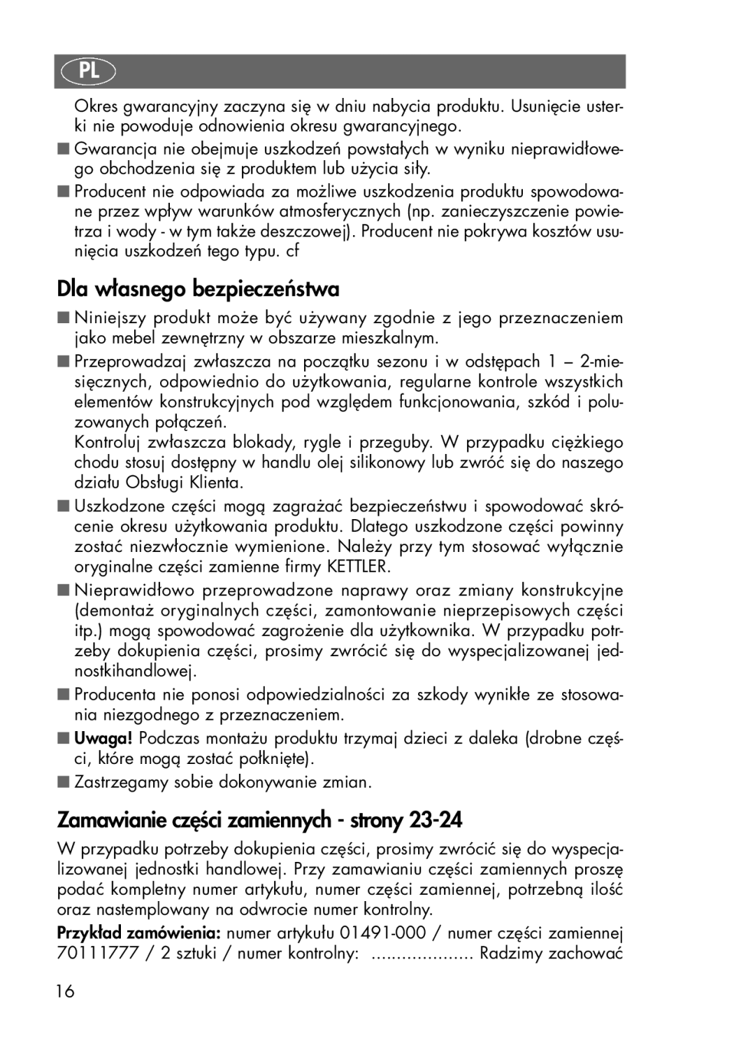 Kettler 01491-000 manual Dla własnego bezpieczeństwa, Zamawianie części zamiennych strony 