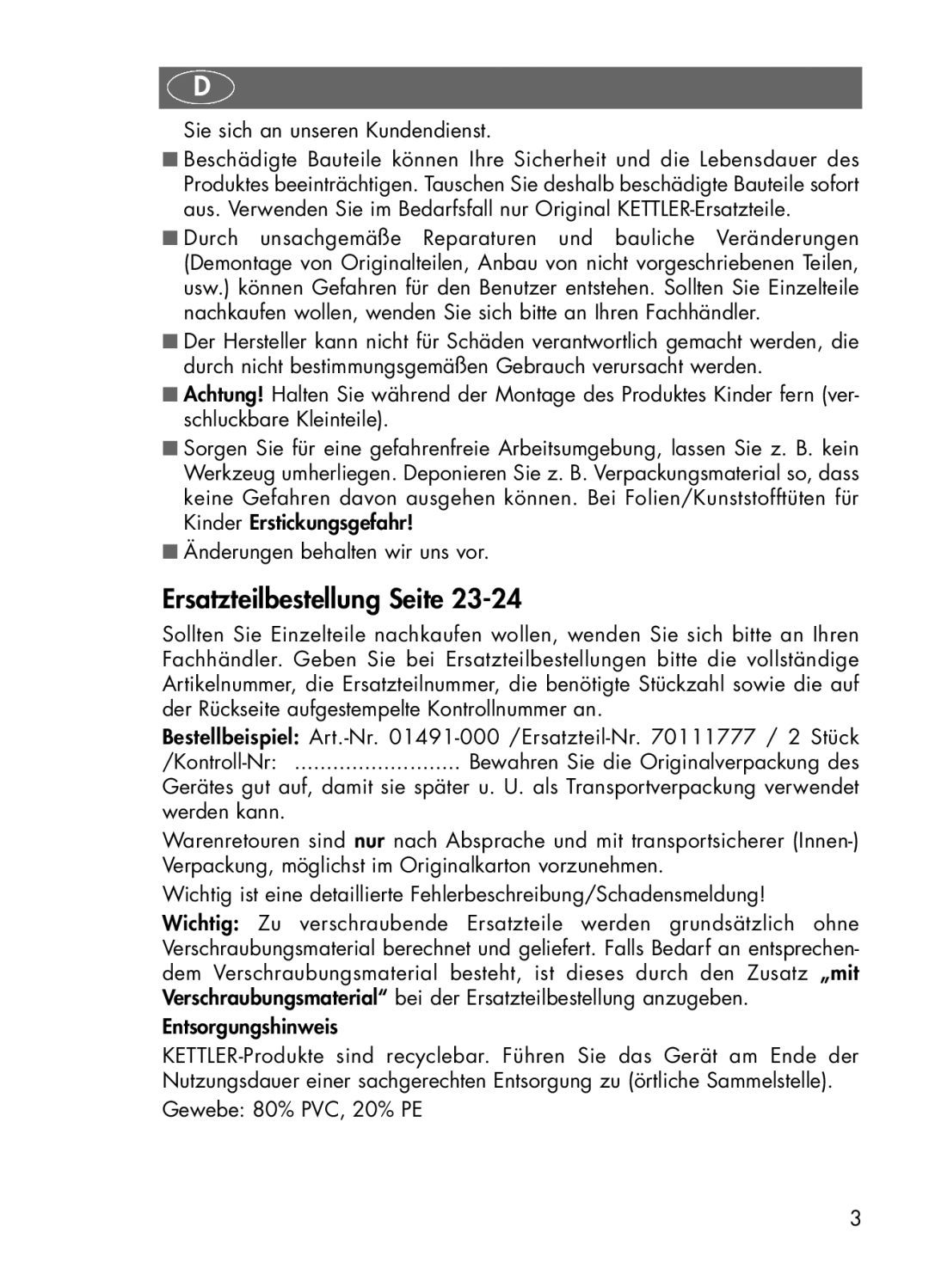 Kettler 01491-000 manual Ersatzteilbestellung Seite, Sie sich an unseren Kundendienst 