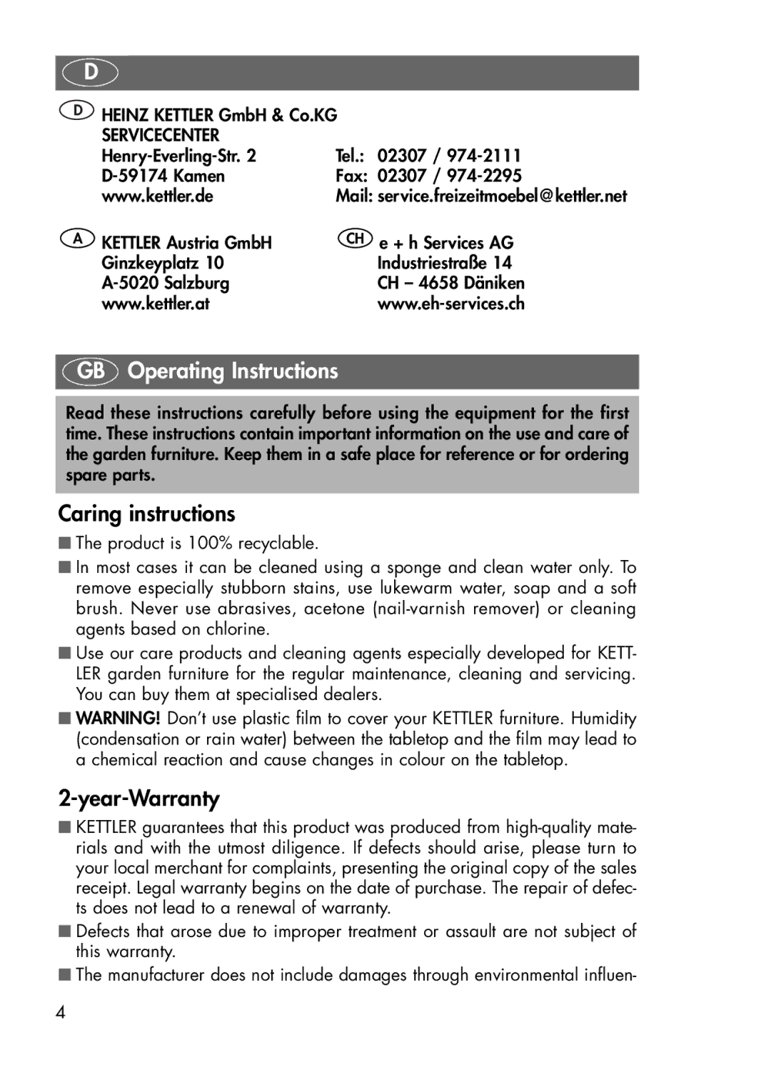 Kettler 01491-000 manual GB Operating Instructions, Caring instructions, Year-Warranty 