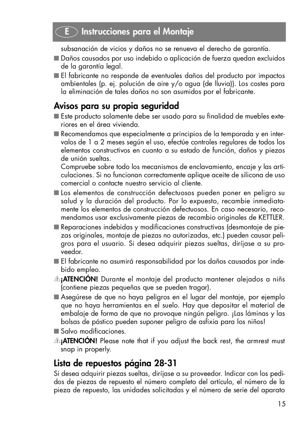 Kettler 01672-700, 01672-000 manual Avisos para su propia seguridad, Lista de repuestos página 