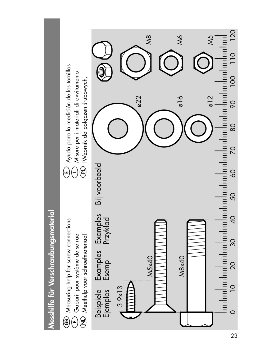 Kettler 01672-700, 01672-000 manual Messhilfe für Verschraubungsmaterial 