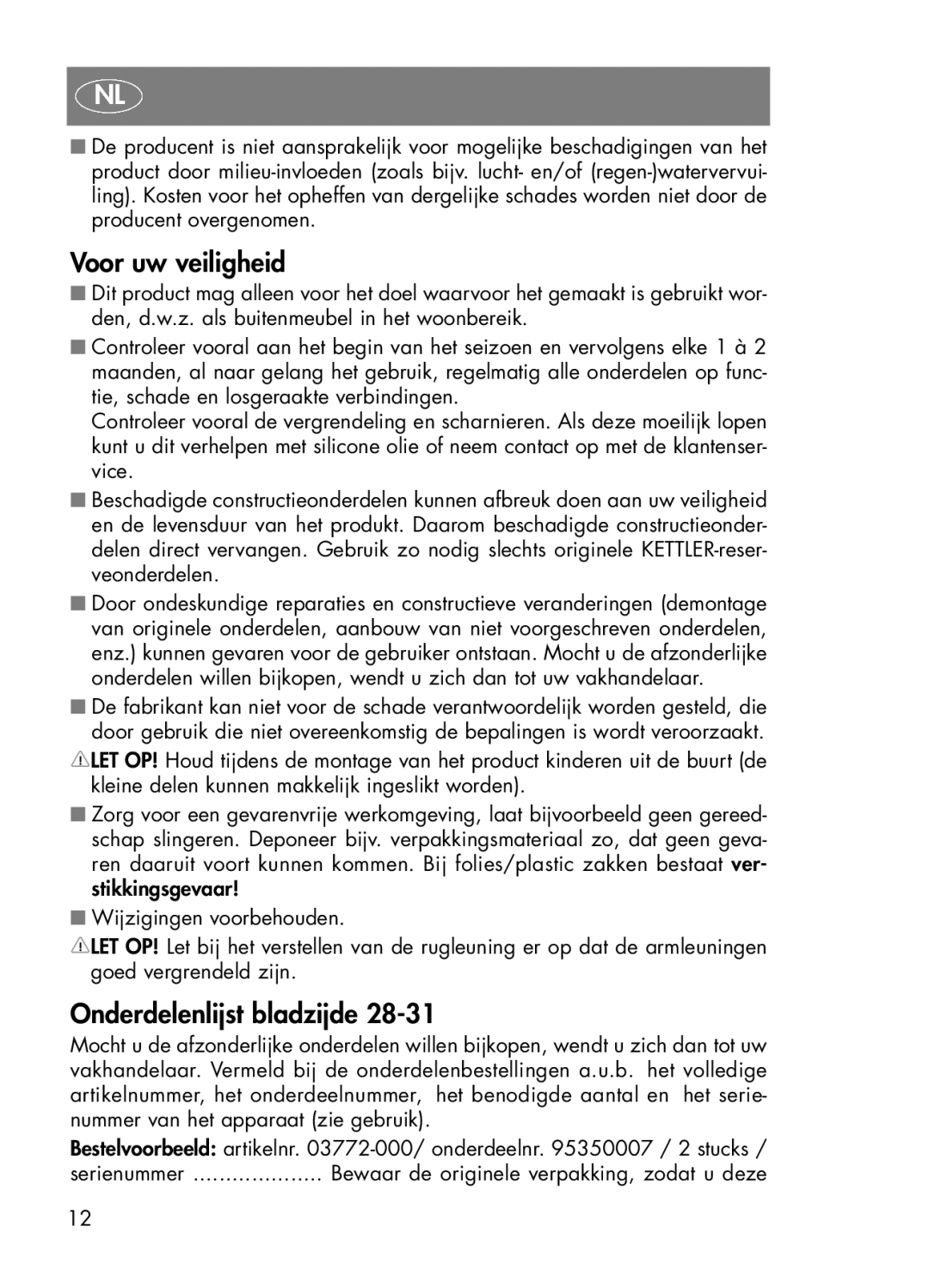 Kettler 03772-000 manual Voor uw veiligheid, Onderdelenlijst bladzijde 