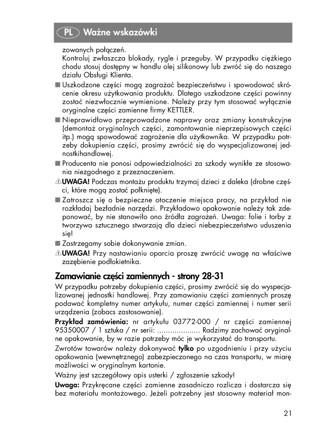 Kettler 03772-000 manual Zamawianie części zamiennych strony 