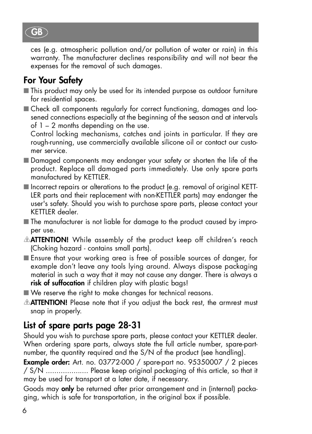 Kettler 03772-000 manual For Your Safety, List of spare parts 