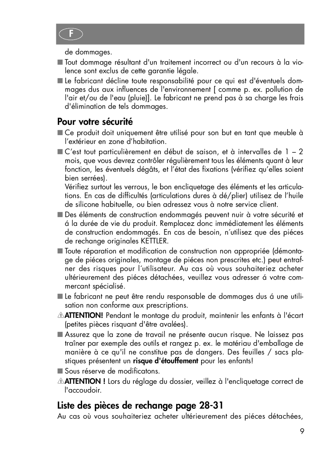 Kettler 03772-000 manual Pour votre sécurité, Liste des pièces de rechange 