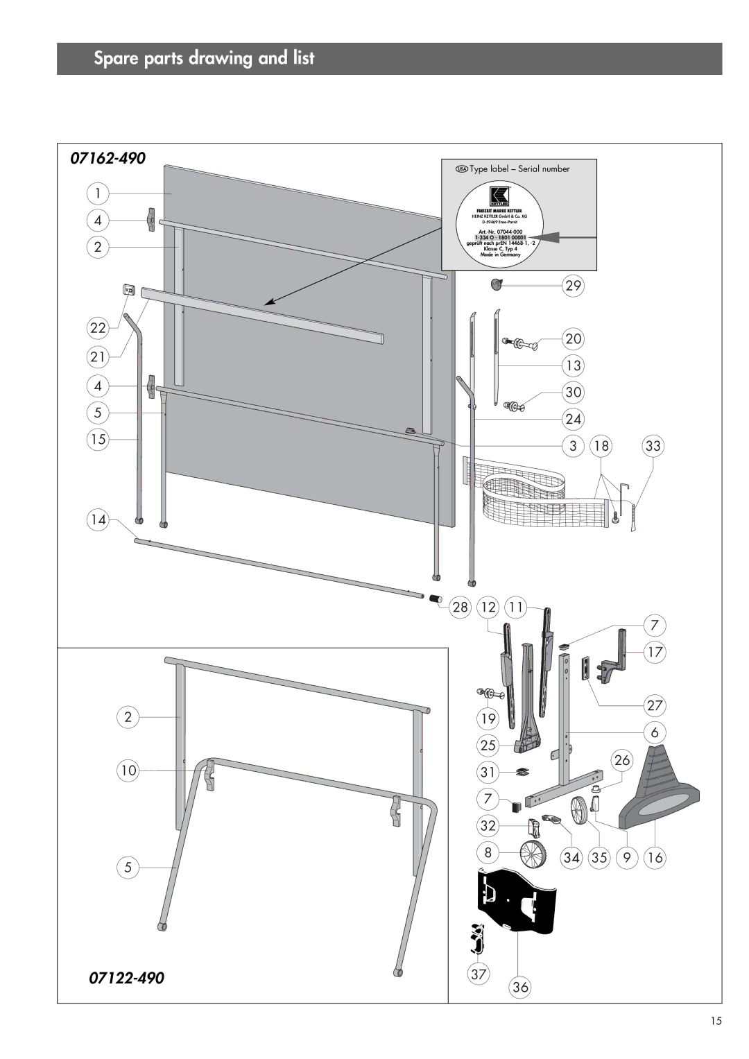 Kettler 07122-490 owner manual Spare parts drawing and list, 07162-490 