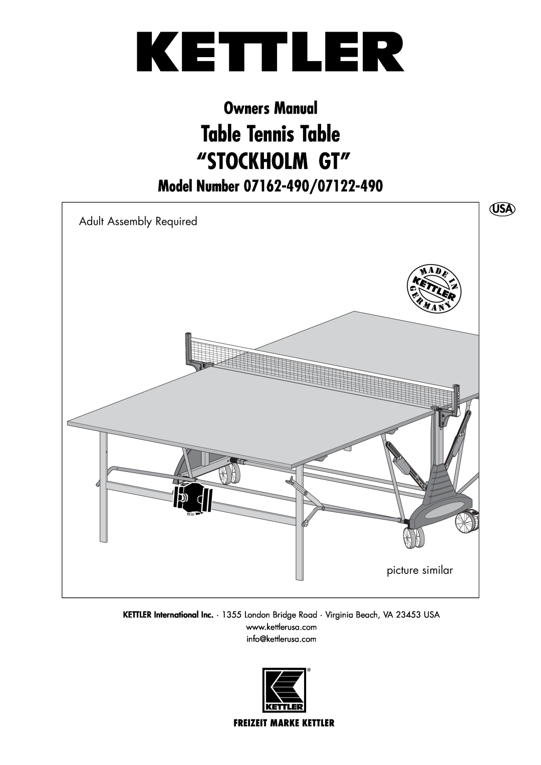 Kettler 07122-490 owner manual Adult Assembly Required, picture similar, Table Tennis Table “STOCKHOLM GT”, Owners Manual 