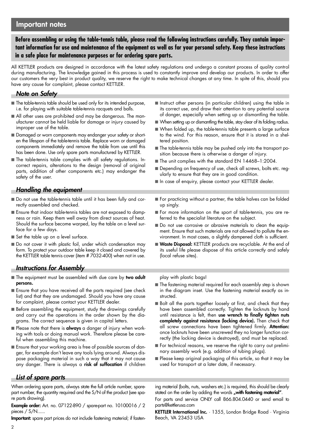 Kettler 07162-890, 07122-890 owner manual Important notes, Handling the equipment 