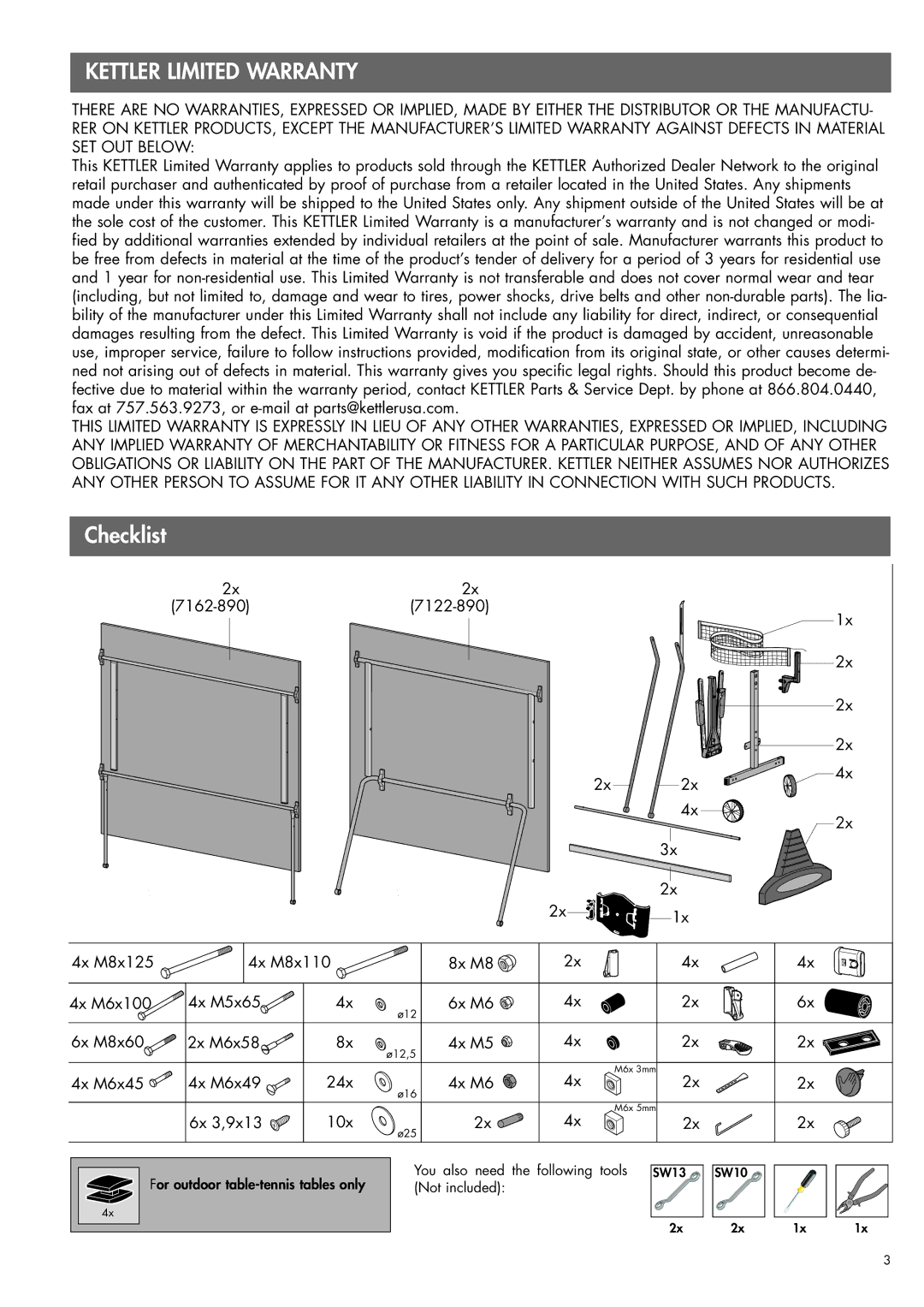 Kettler 07122-890, 07162-890 owner manual Kettler Limited Warranty 