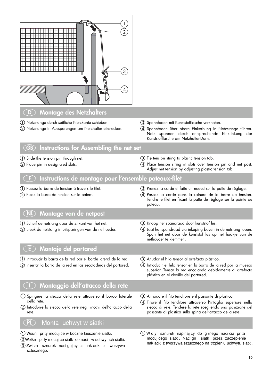 Kettler 07175-000/-500 Montage des Netzhalters, GB Instructions for Assembling the net set, NL Montage van de netpost 