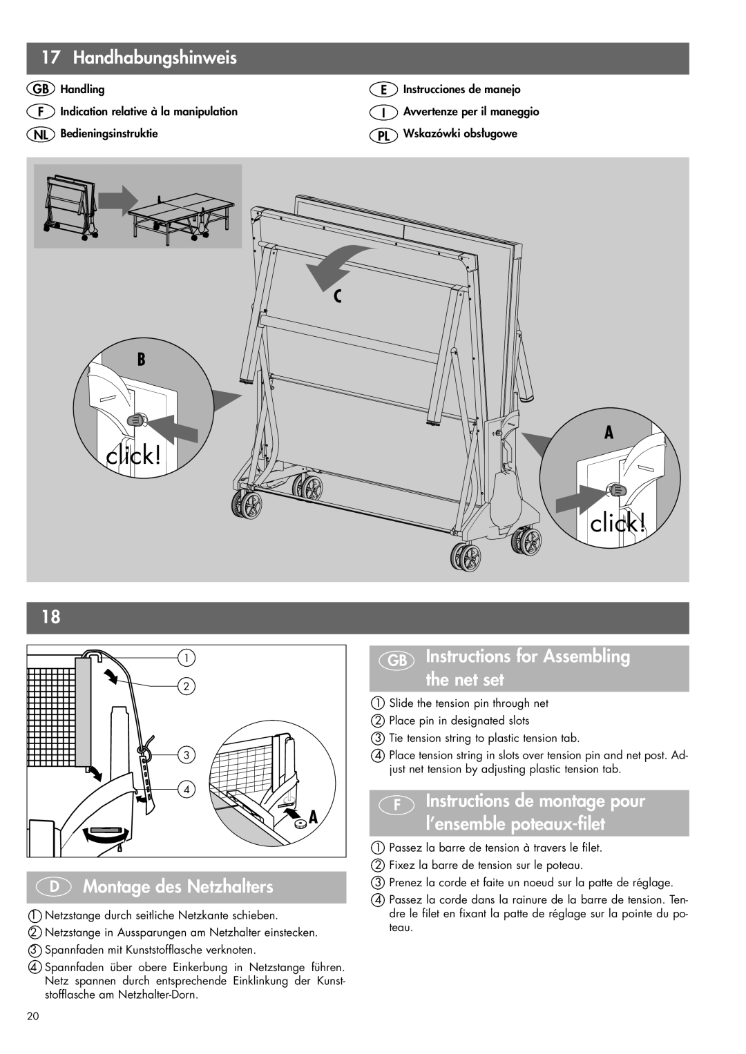 Kettler 07178-000, 07138-000 manual Handhabungshinweis, Montage des Netzhalters, GB Instructions for Assembling the net set 