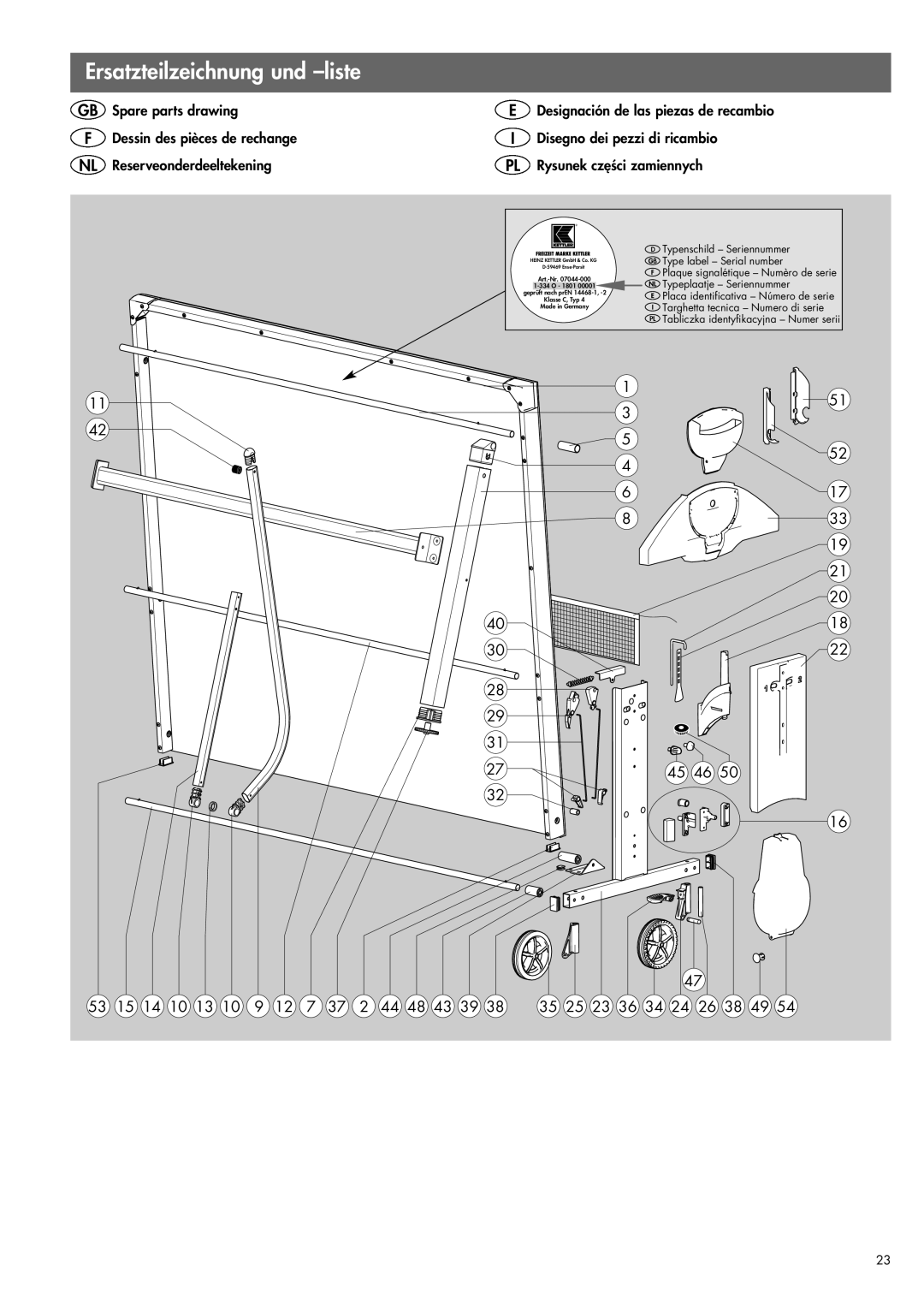 Kettler 07138-000, 07178-000 manual Ersatzteilzeichnung und -liste, Typeplaatje Seriennummer 