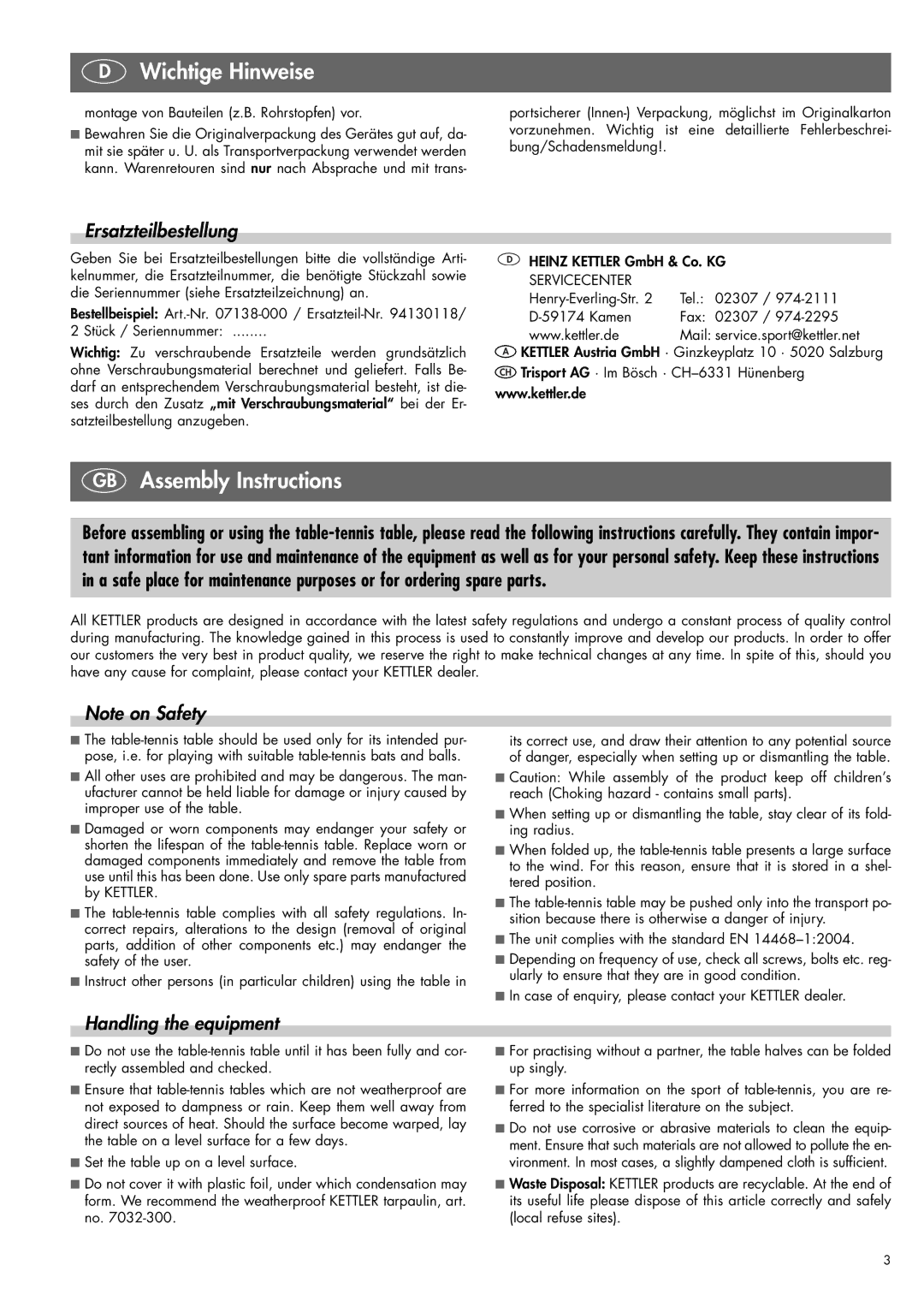 Kettler 07138-000, 07178-000 manual GB Assembly Instructions, Ersatzteilbestellung, Handling the equipment 