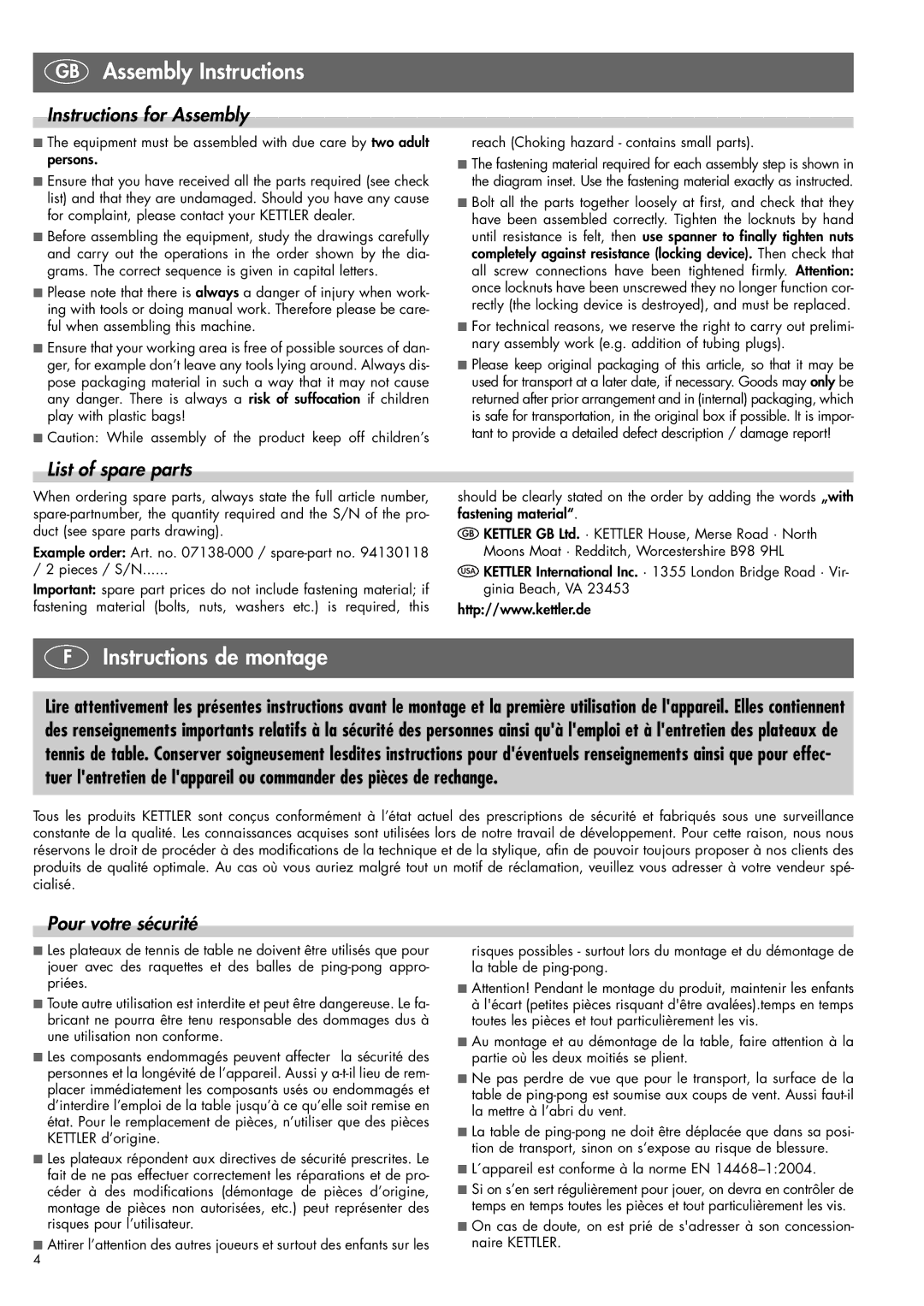 Kettler 07178-000, 07138-000 Instructions de montage, Instructions for Assembly, List of spare parts, Pour votre sécurité 