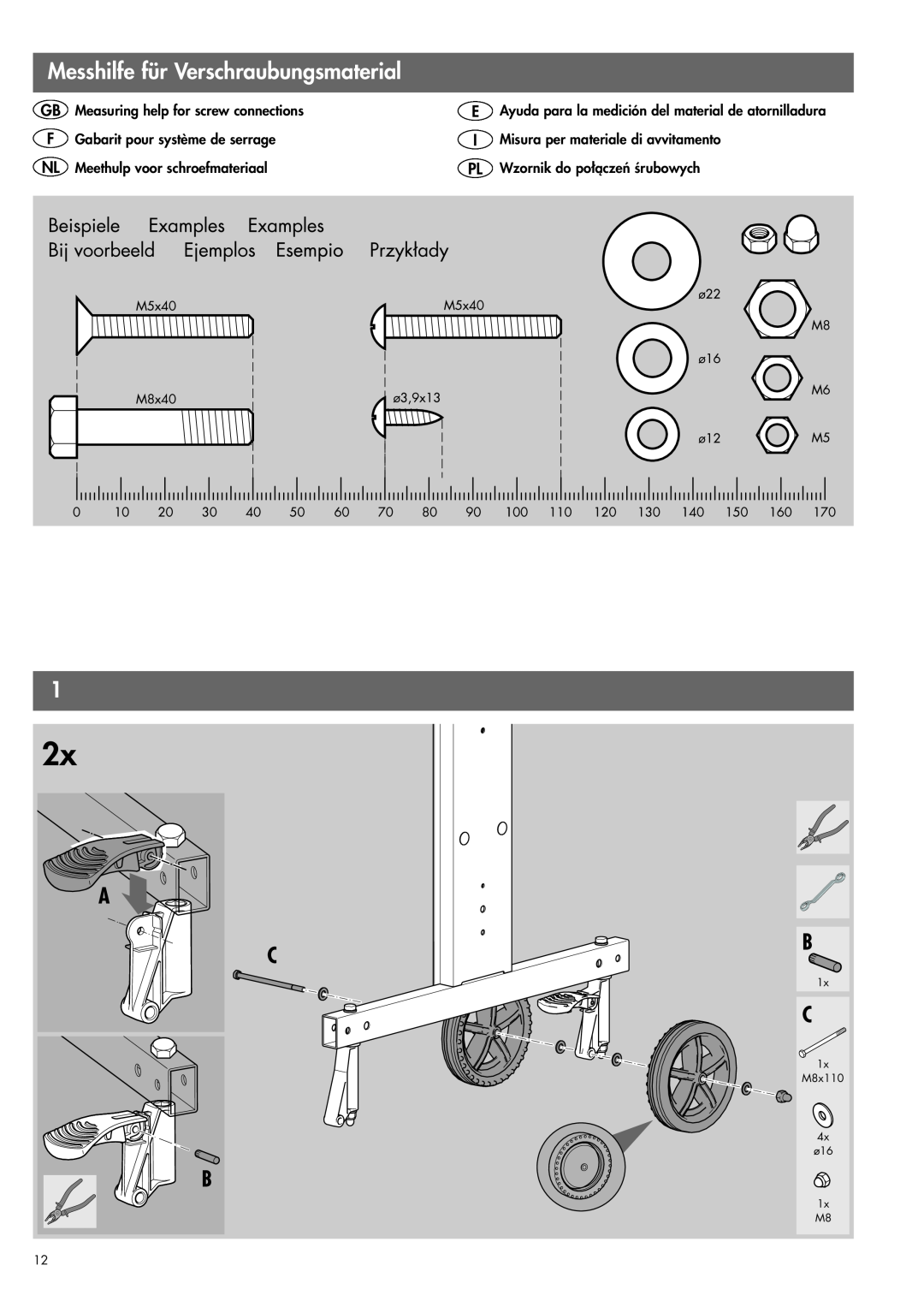 Kettler 07178-000 manual Messhilfe für Verschraubungsmaterial, Ayuda para la medición del material de atornilladura, M8x110 