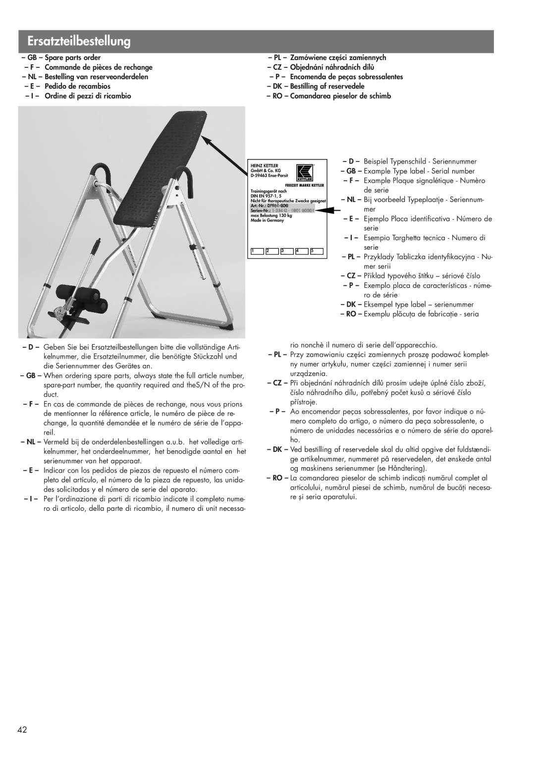 Kettler 07426-600 manual Ersatzteilbestellung 