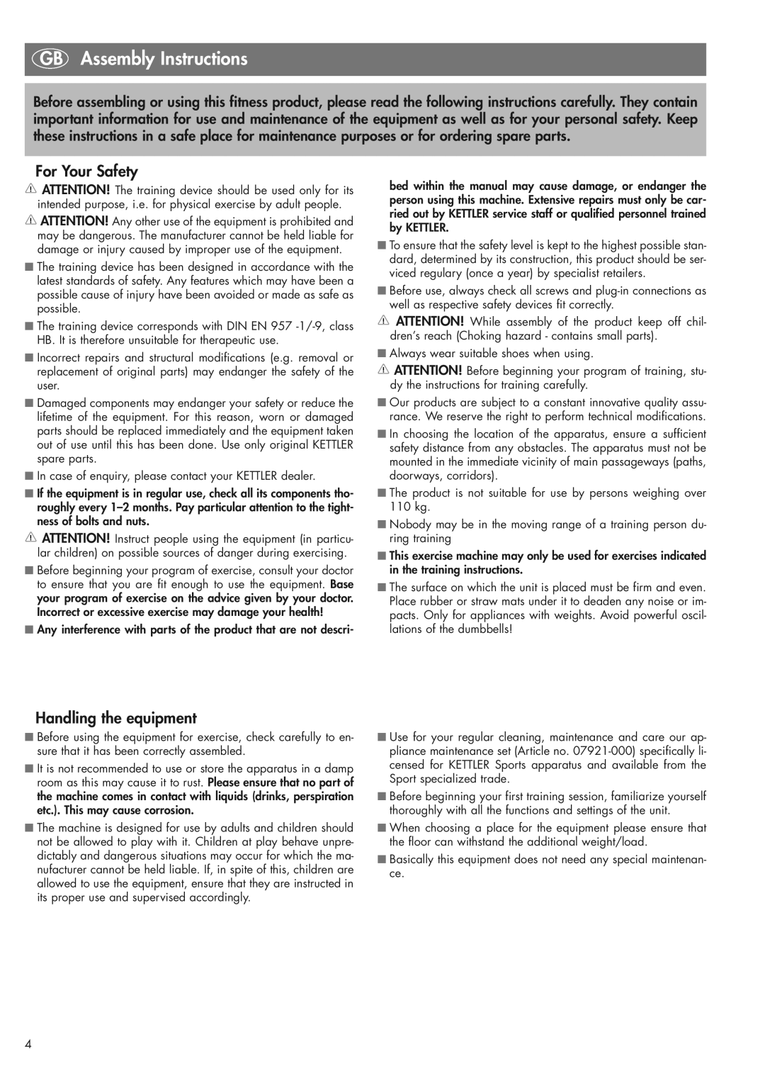 Kettler 07426-600 manual GB Assembly Instructions, For Your Safety, Handling the equipment 