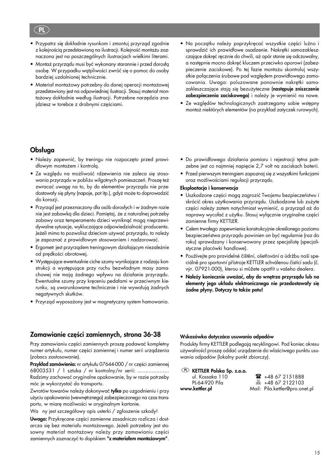 Kettler 07644-000 manual Obsługa, Zamawianie części zamiennych, strona 