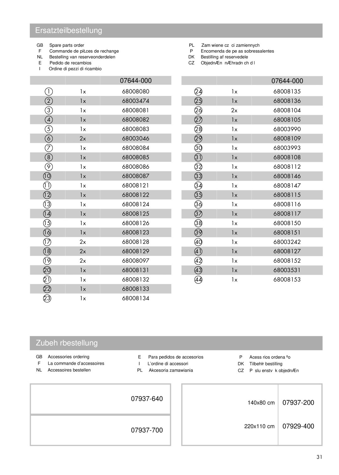 Kettler 07644-000 manual Ersatzteilbestellung, Zubehörbestellung, 07937-640 07937-700, 07937-200 07929-400 