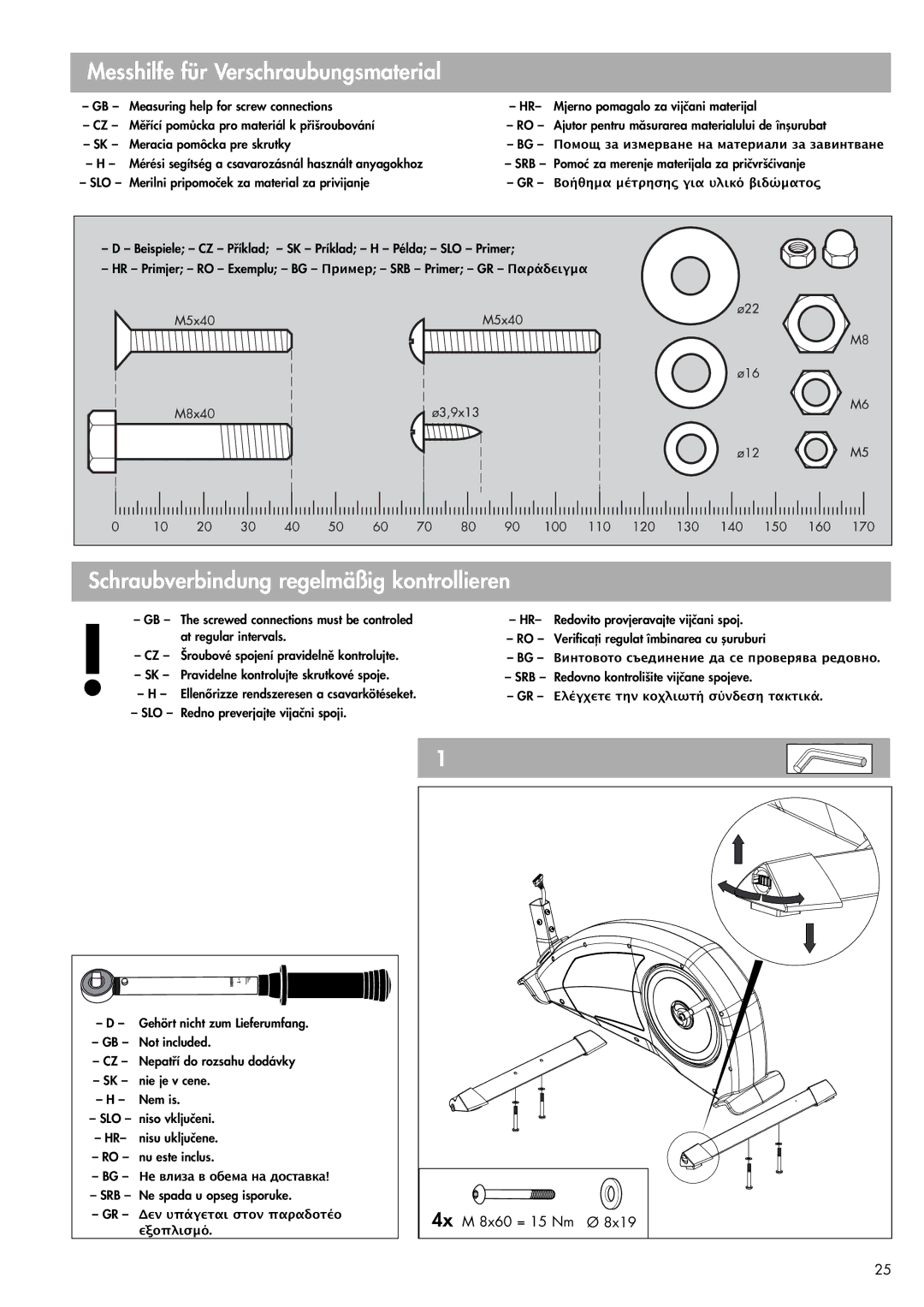 Kettler 07648-500 manual Messhilfe für Verschraubungsmaterial, Schraubverbindung regelmäßig kontrollieren 