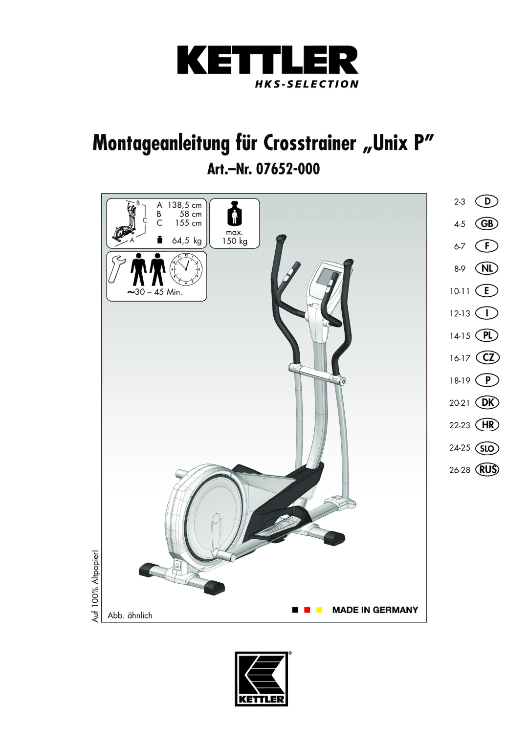 Kettler 07652-000 manual 138,5 cm 58 cm 155 cm, 26-28, 100% Altpapier Auf Abb. ähnlich 