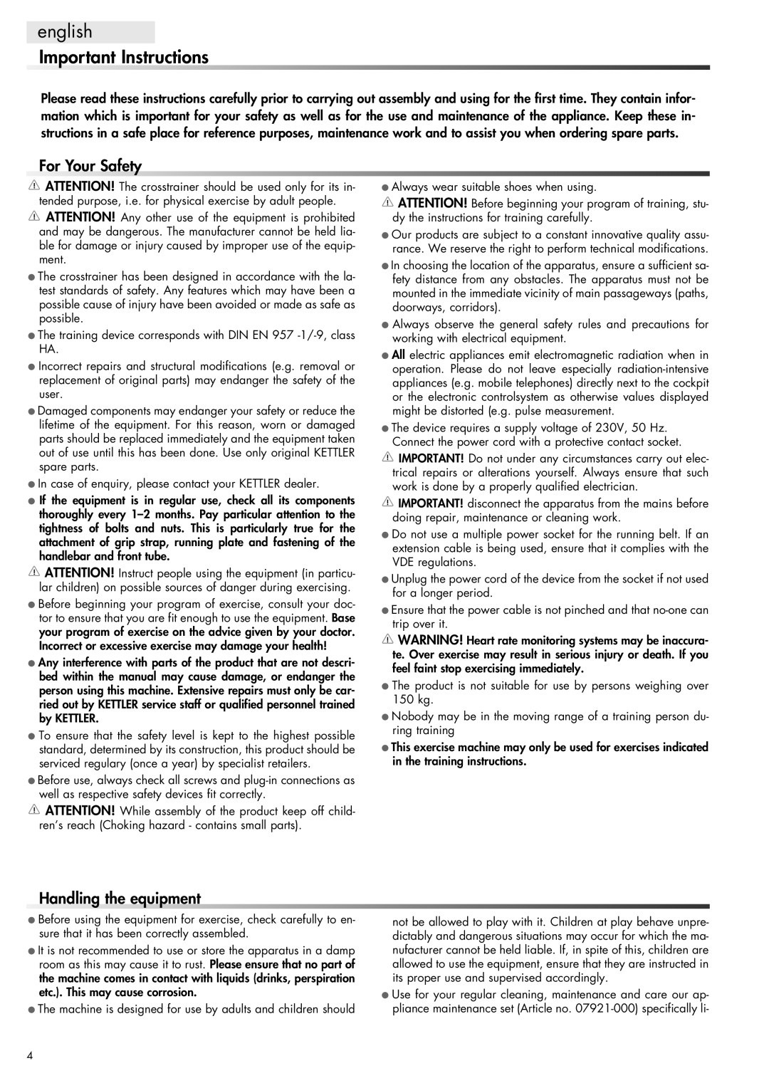 Kettler 07653-000, 300 manual English Important Instructions, For Your Safety 