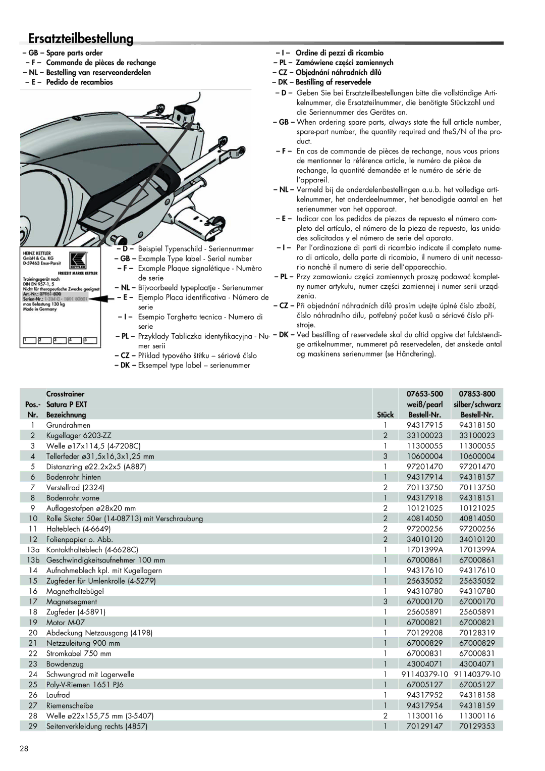 Kettler 07653-500, 07653-800 manual Ersatzteilbestellung 