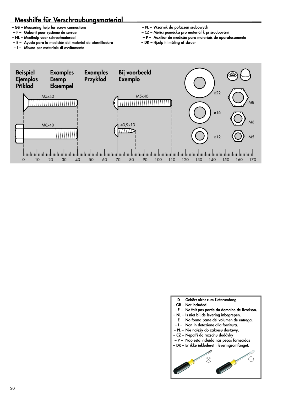 Kettler 07653-500, 07653-800 manual Messhilfe für Verschraubungsmaterial 