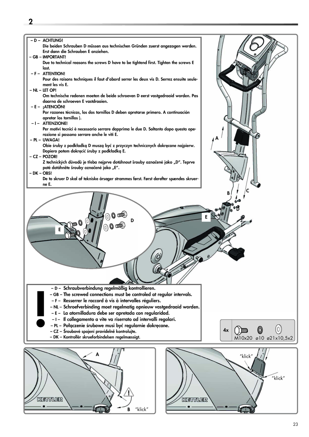 Kettler 07653-800, 07653-500 manual Klick M10x20 ø10 ø21x10,5x2 