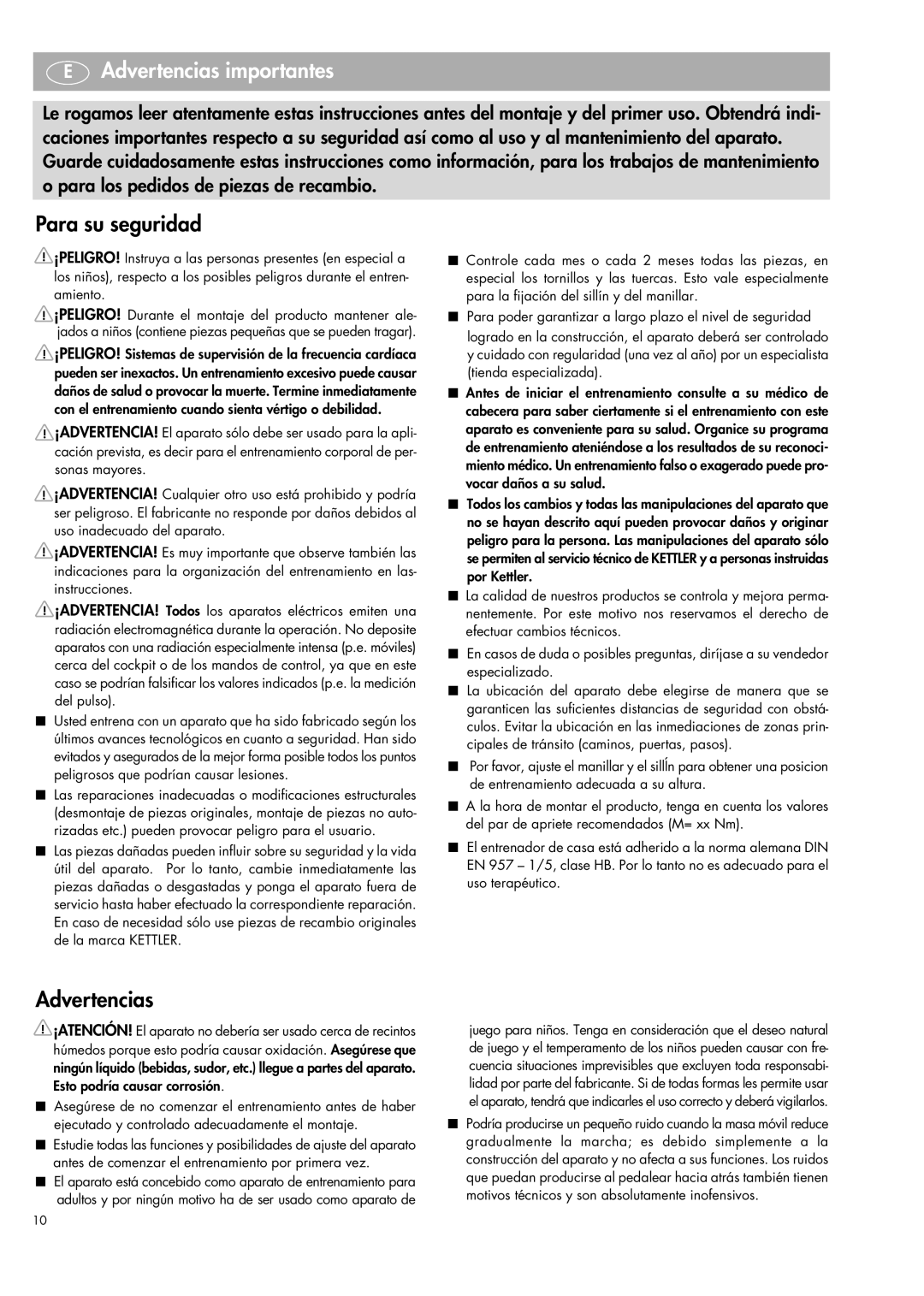 Kettler 07664-000 manual Advertencias importantes, Para su seguridad 